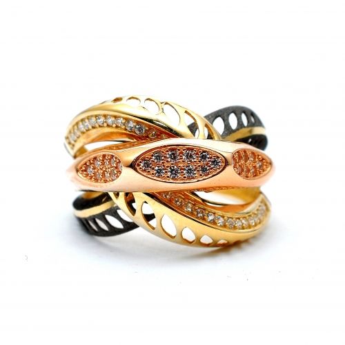 Yellow, black and rose gold ring with zircons