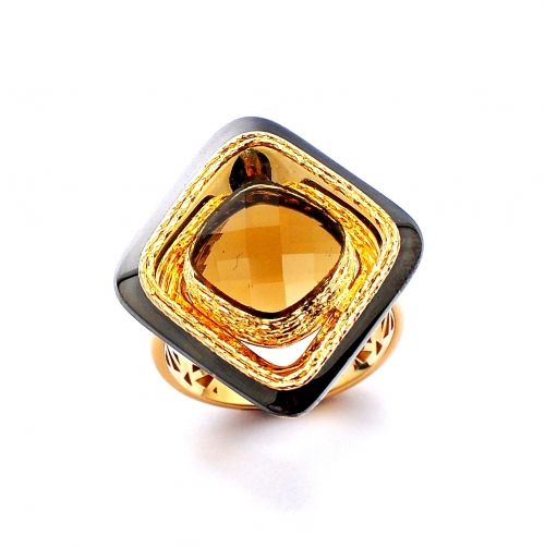 Yellow  and black gold ring with smoky topaz