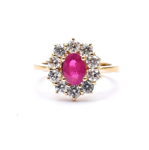 Yellow gold ring with diamonds 1.16 ct and ruby 0.74 ct