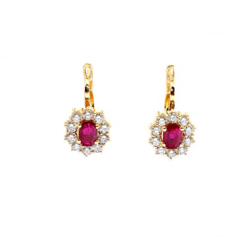 Yellow gold earrings with diamonds 2.30 ct and ruby 1.23 ct