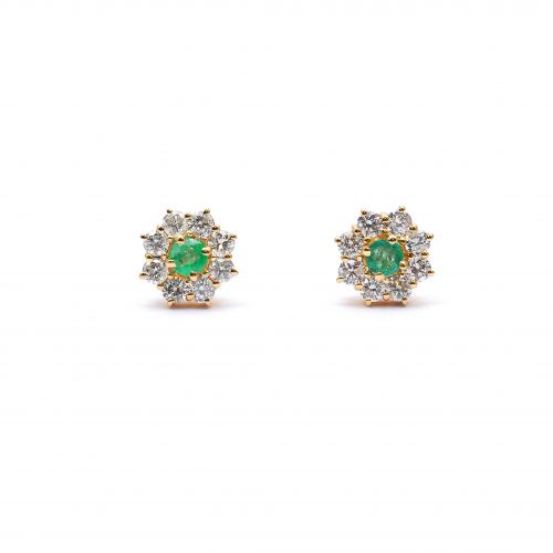 Yellow  gold earrings with diamonds 0.55 ct and emeralds 0.22 ct