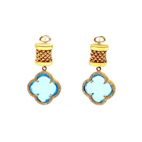 Yellow gold earrings with blue topaz and zircons