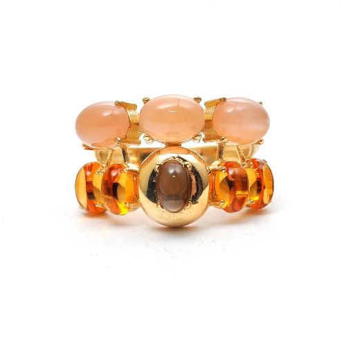 Yellow gold  ring with pink opal, smoky quartz and yellow topaz