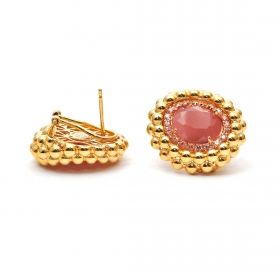 Yellow gold earrings with pink quartz and pink opal