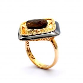 Yellow  and black gold ring with smoky topaz