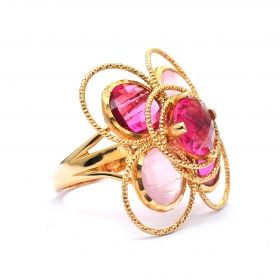 Yellow gold ring with pink quartz and tourmaline