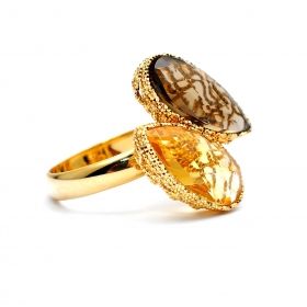 Yellow gold  ring with smoky quartz and yellow topaz