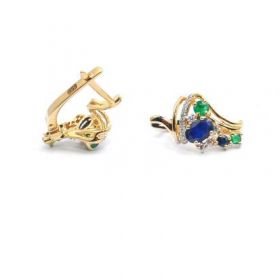 Yellow gold earrings with diamonds 0.10 ct , emeralds 0.50 ct and sapphyre 1.22 ct