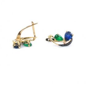 Yellow gold earrings with diamonds 0.05 ct , emeralds 0.81 ct and sapphyre 1.38 ct