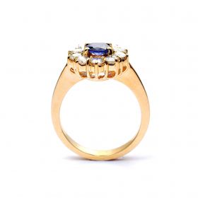 Yellow gold ring with diamonds 1.16 ct and sapphyre 1.14 ct