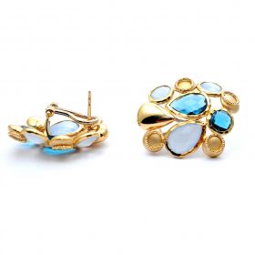 Yellow gold earrings with blue topaz and quartz